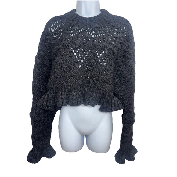 Zara Black Cropped Chunky Knit Ruffle Sleeve Open Weave Sweater Women Small - Picture 1 of 10